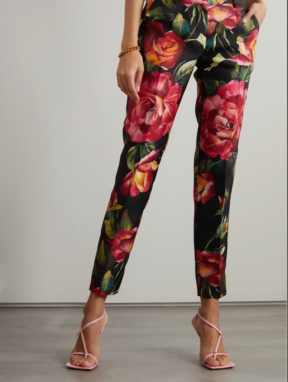 Dolce & Gabbana Black Ankle Trousers with Pink and Red Rose Print